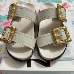 SCHUTZ Gold and White Slide Sandals with Double Straps